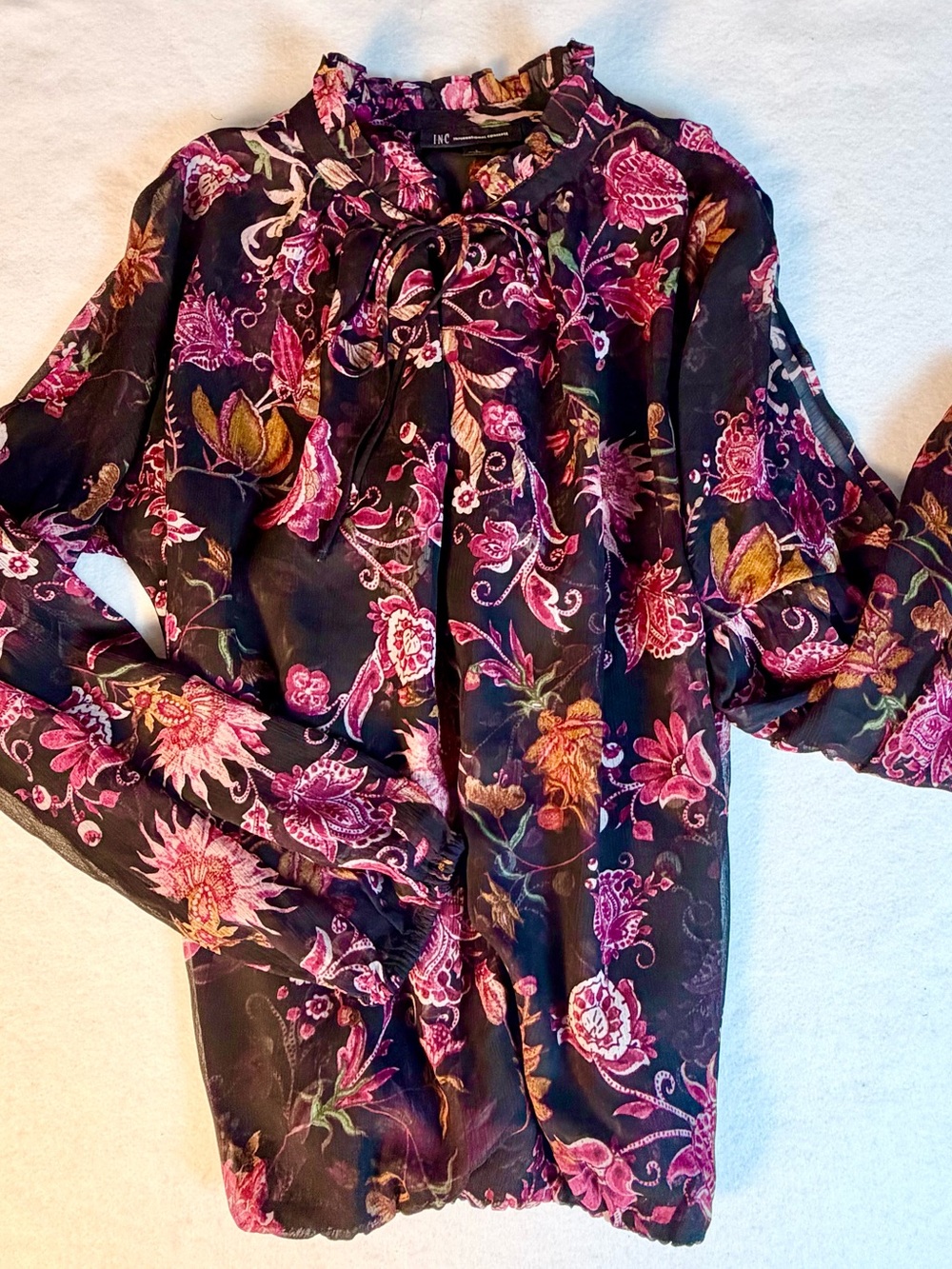 INC  Women’s L Floral Sheer Blouse Tie Neck Long Sleeve, Elastic waist